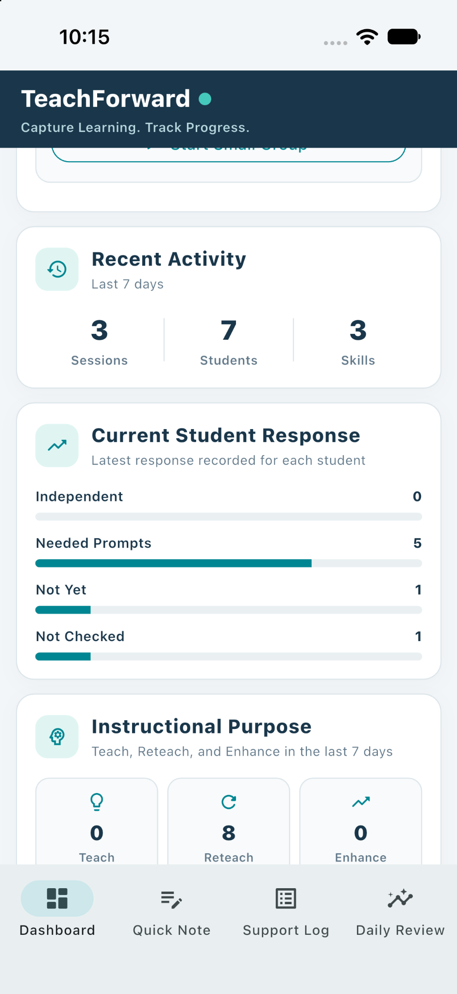 TeachForward Dashboard screen