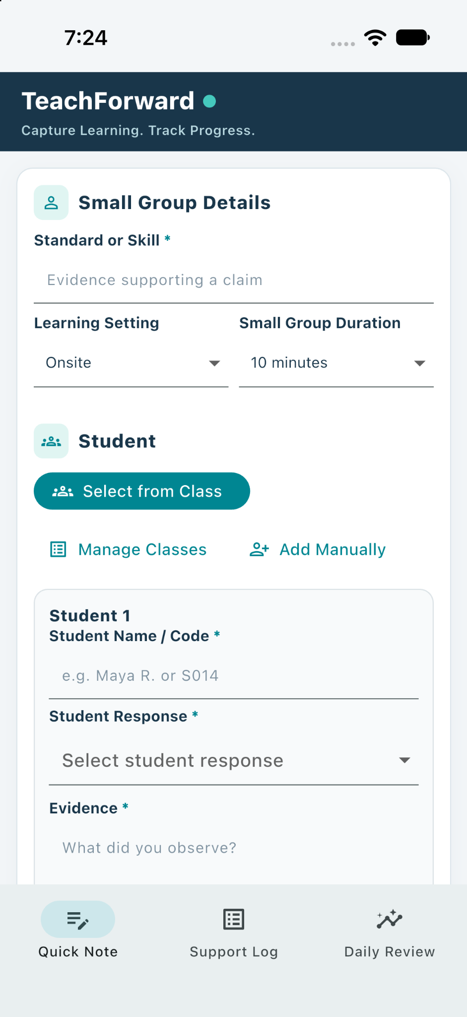 TeachForward Quick Note screen